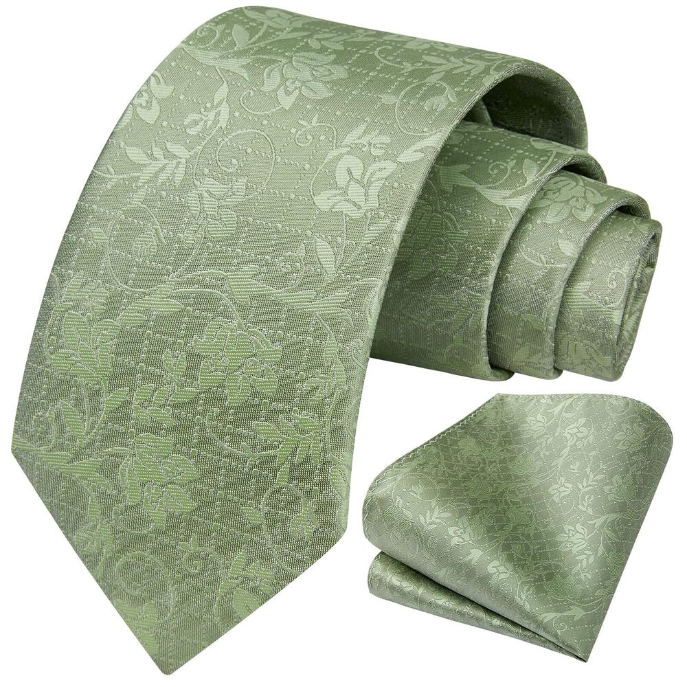 3381 Extra Long Ties Green Floral Tie Handkerchief Set Classic Woven Silk